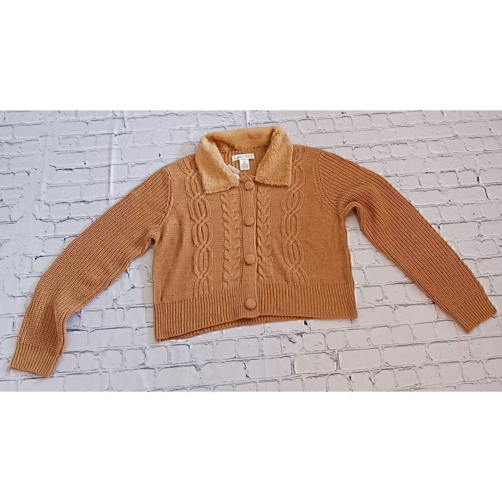 Planet Gold Juniors' Cable-Knit Faux-Fur Collar Cardigan/NWT, Juniors XL